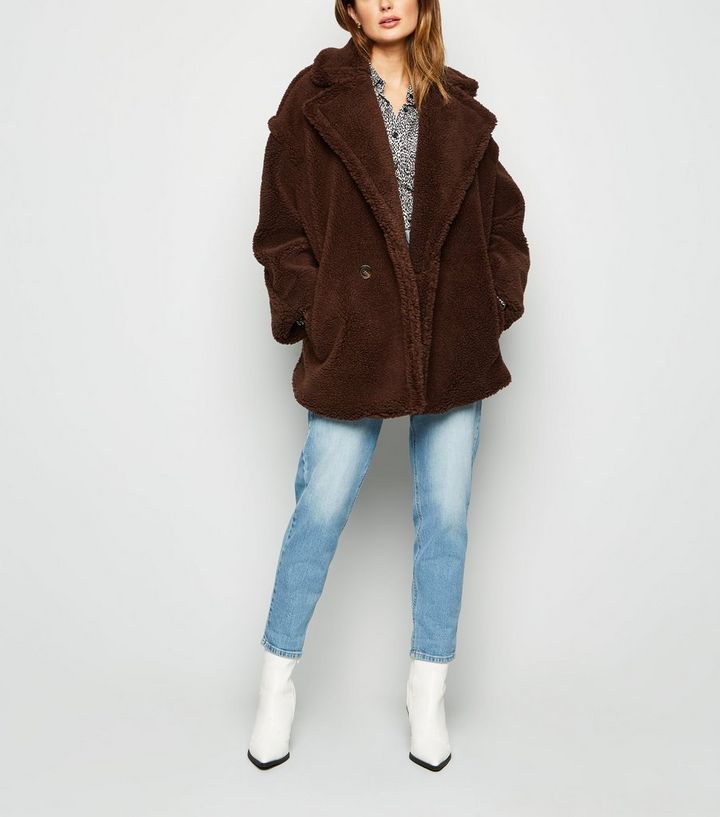 Blue Vanilla Brown Double Breasted Short Teddy Coat New Look