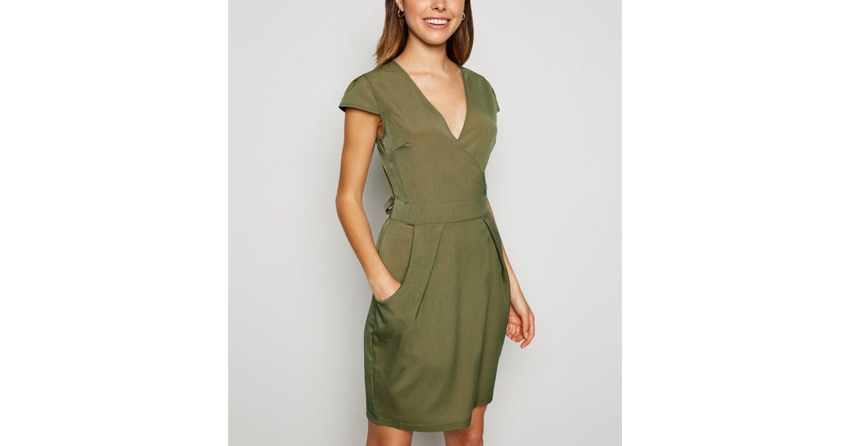 Blue Vanilla Olive Tulip Wrap Dress New Look