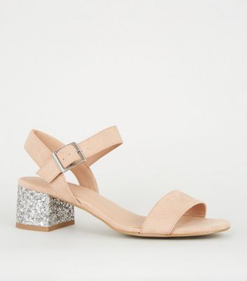 Girls Nude Glitter Block Heel Sandals 