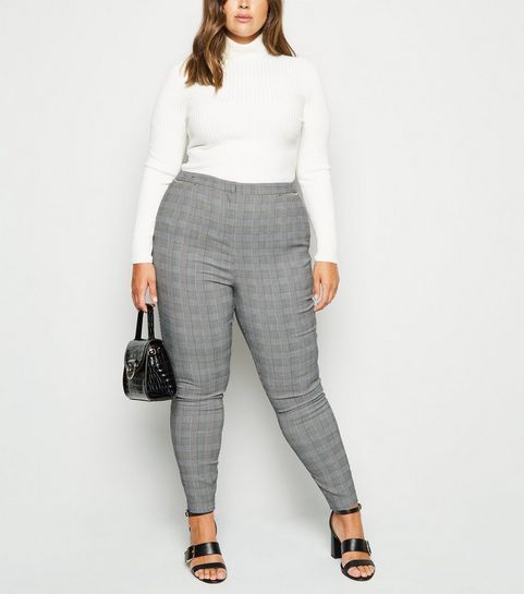 Curves Light Grey Check Skinny Trousers