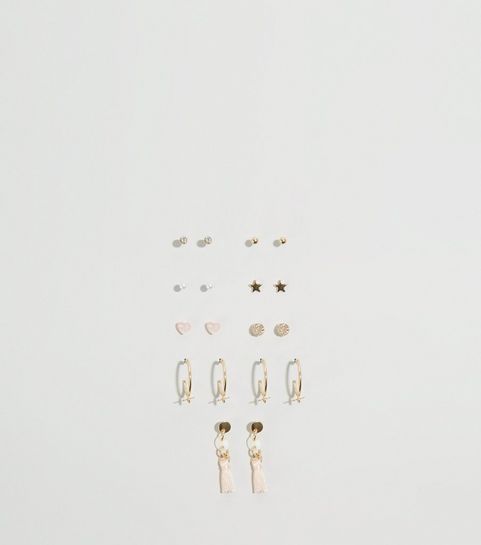 9 Pack Gold Mixed Stud and Hoop Earrings