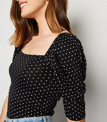 white polka dot puff sleeve top