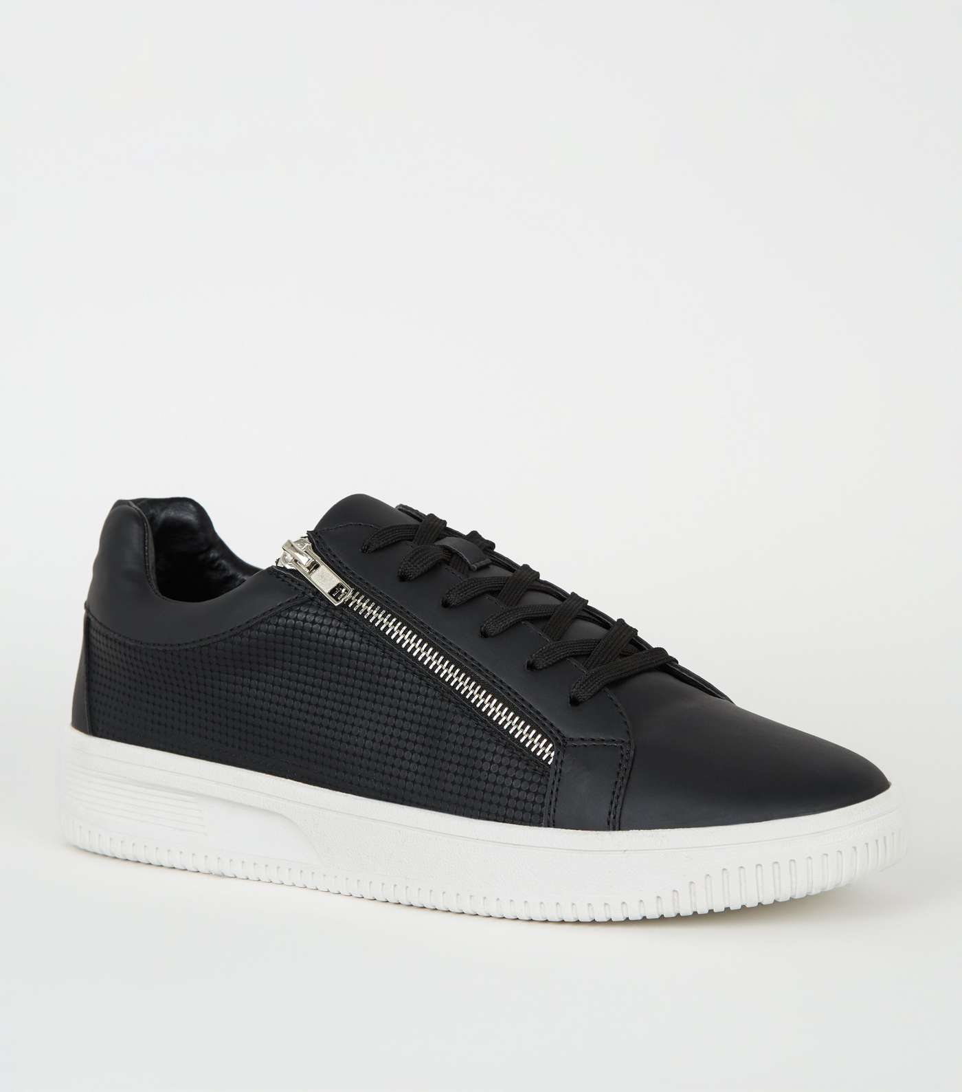 Black Textured Leather-Look Zip Side Trainers