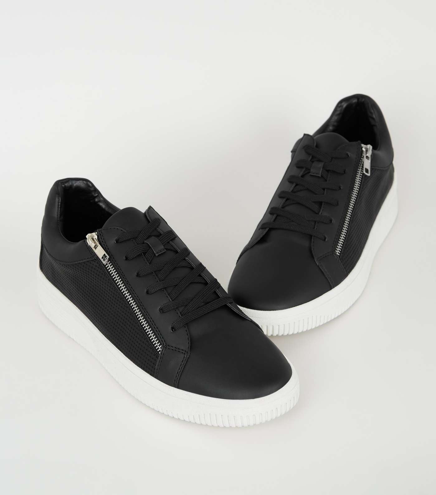 Black Textured Leather-Look Zip Side Trainers Image 3