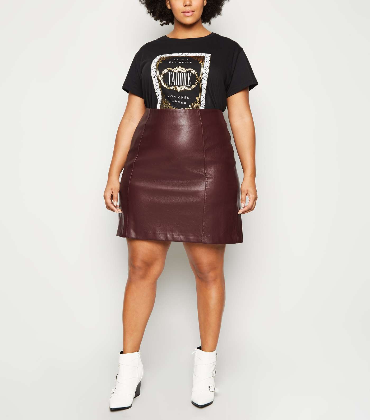 Curves Burgundy Leather-Look Mini Skirt