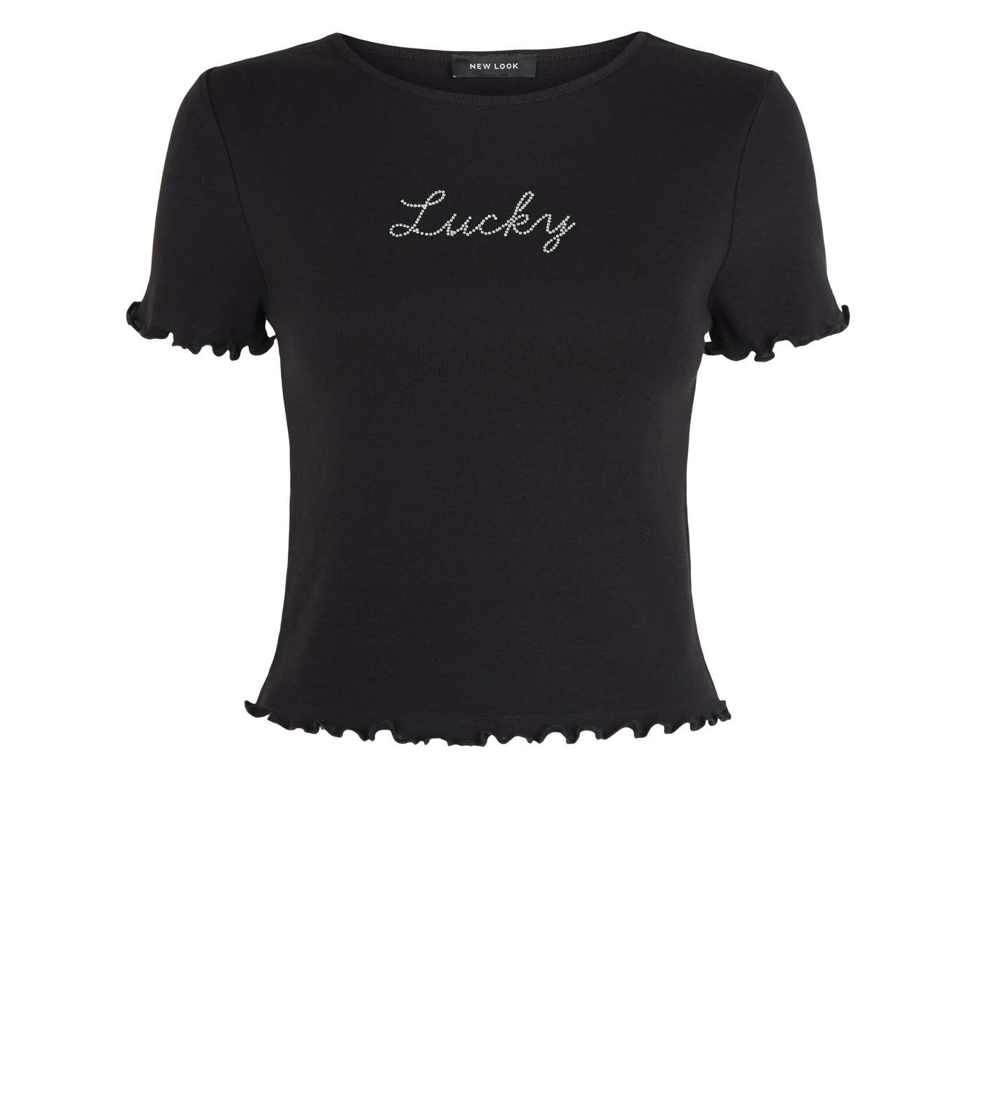 Black Frill Lucky Diamanté Slogan T-Shirt Image 4
