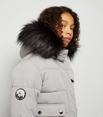 Girls Grey Faux Fur Hooded Puffer 