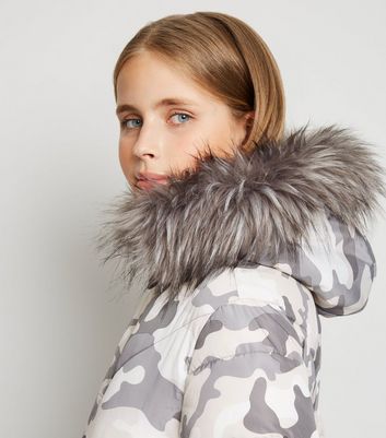 camo puffer jacket with fur hood