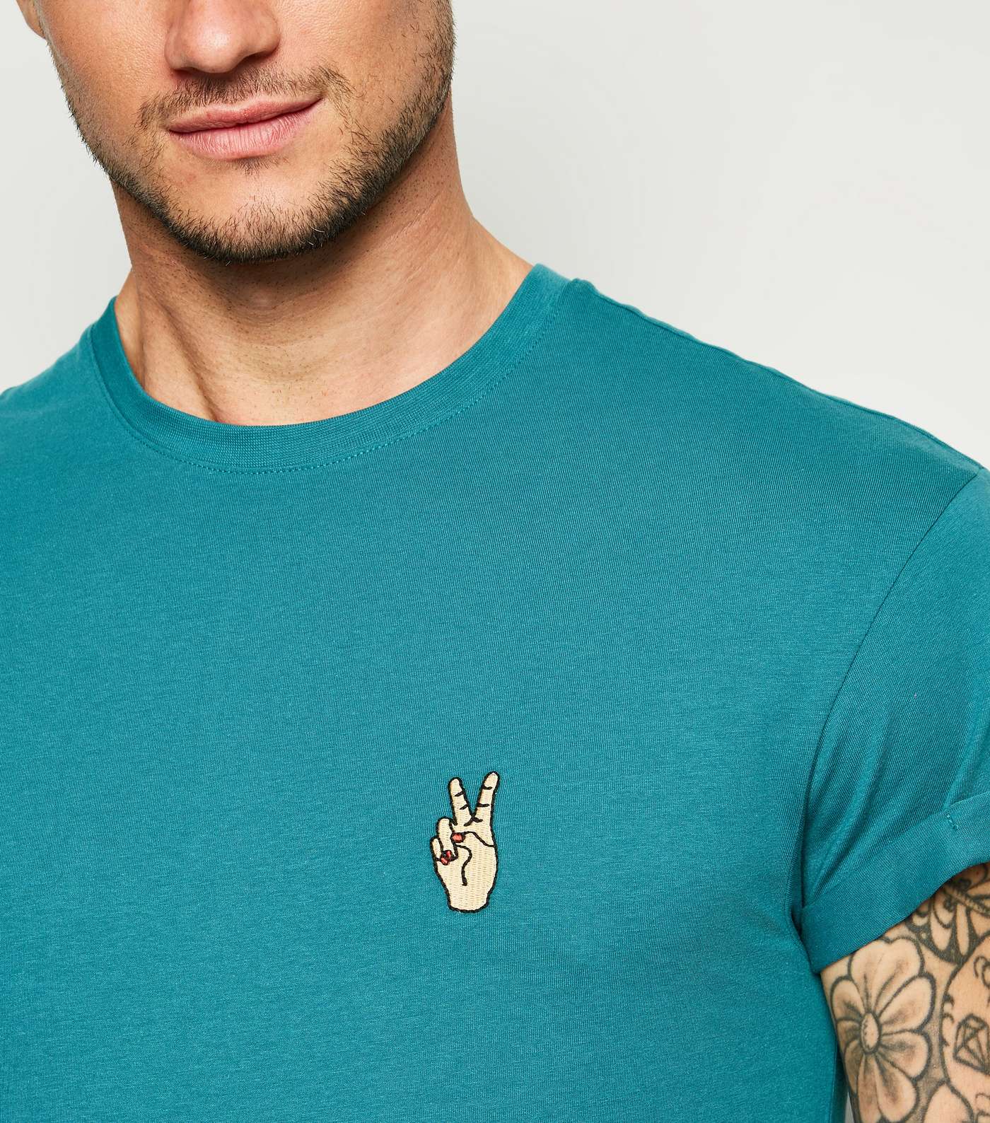 Teal Peace Hand Motif T-Shirt Image 3