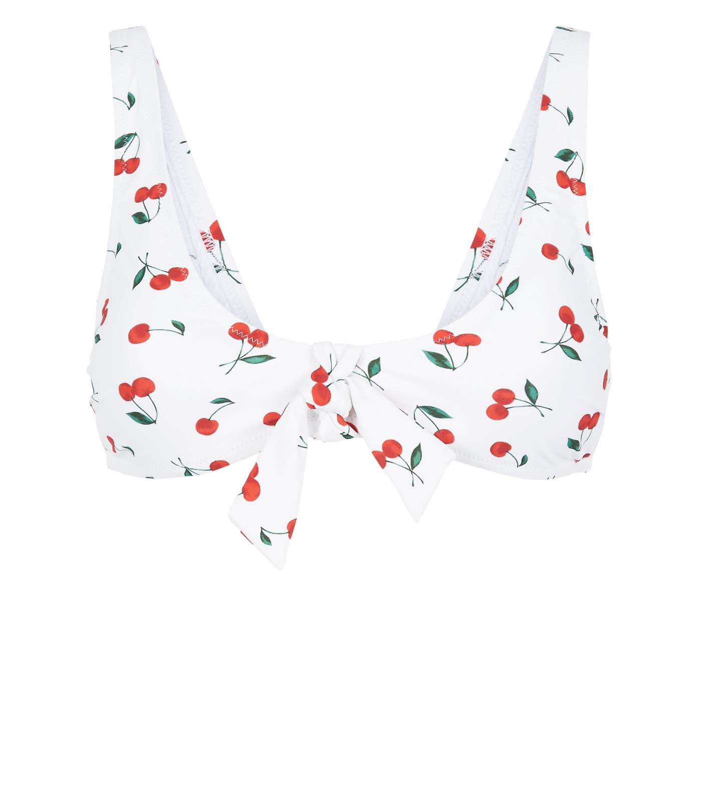 White Cherry Print Tie Front Bikini Top Image 3