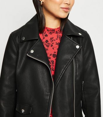 Petite Black Leather Look Biker Jacket New Look