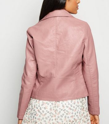 Petite Pink Leather Look Biker Jacket New Look