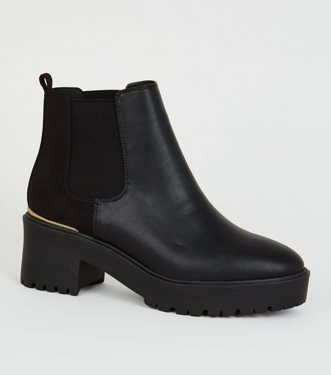Black Leather-Look Chunky Chelsea Boots 