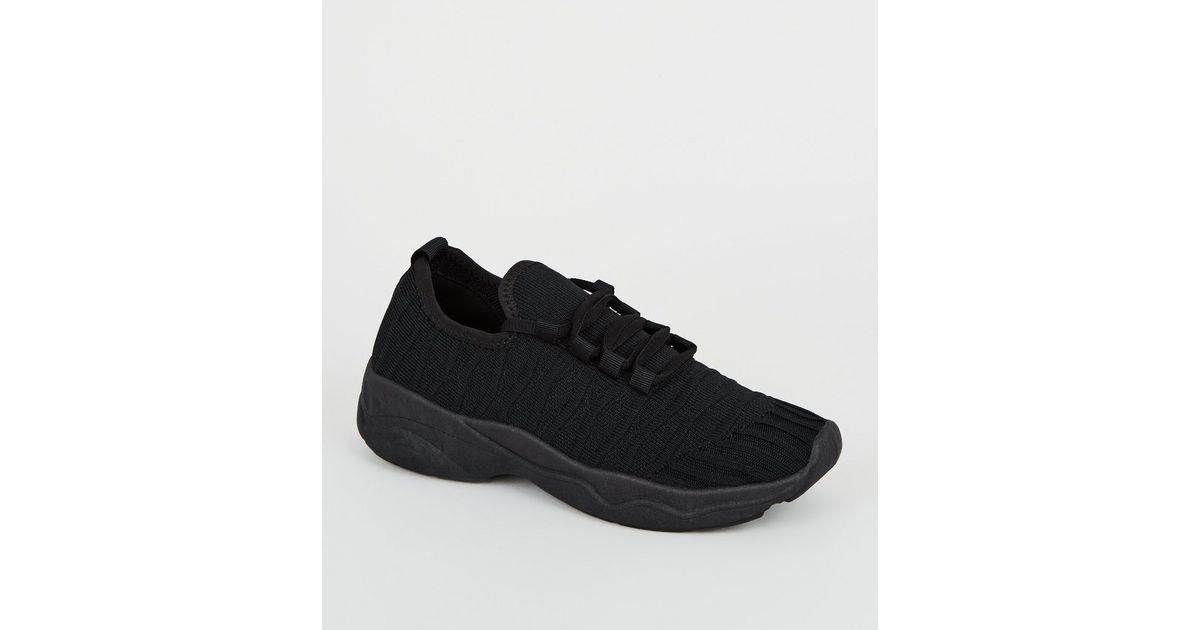 Black Knit Lace-Up Chunky Trainers | New Look
