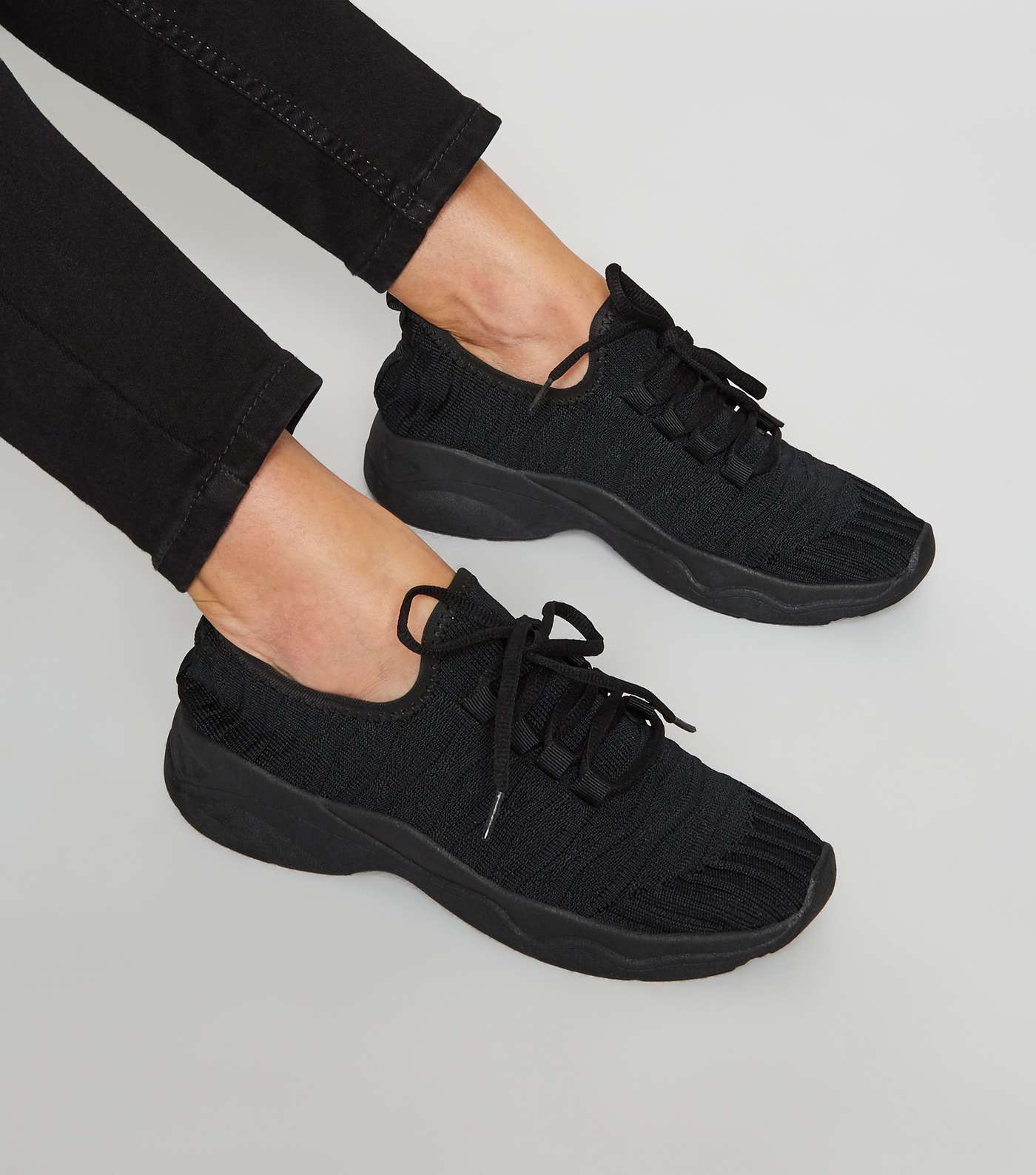 Black Knit Lace-Up Chunky Trainers Image 2