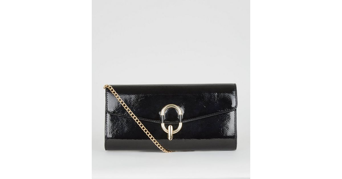 Black Patent Ring Clutch Bag New Look