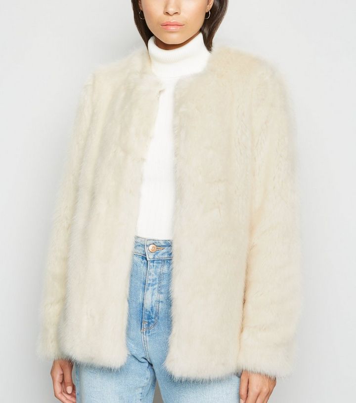 Cream Collarless Faux Fur Coat New Look, New Look Faux Fur Coat In Cream