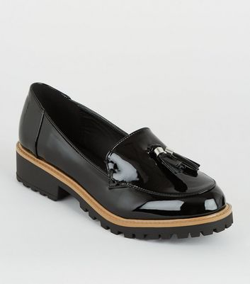 Wide Fit Black Patent Chunky Loafers 