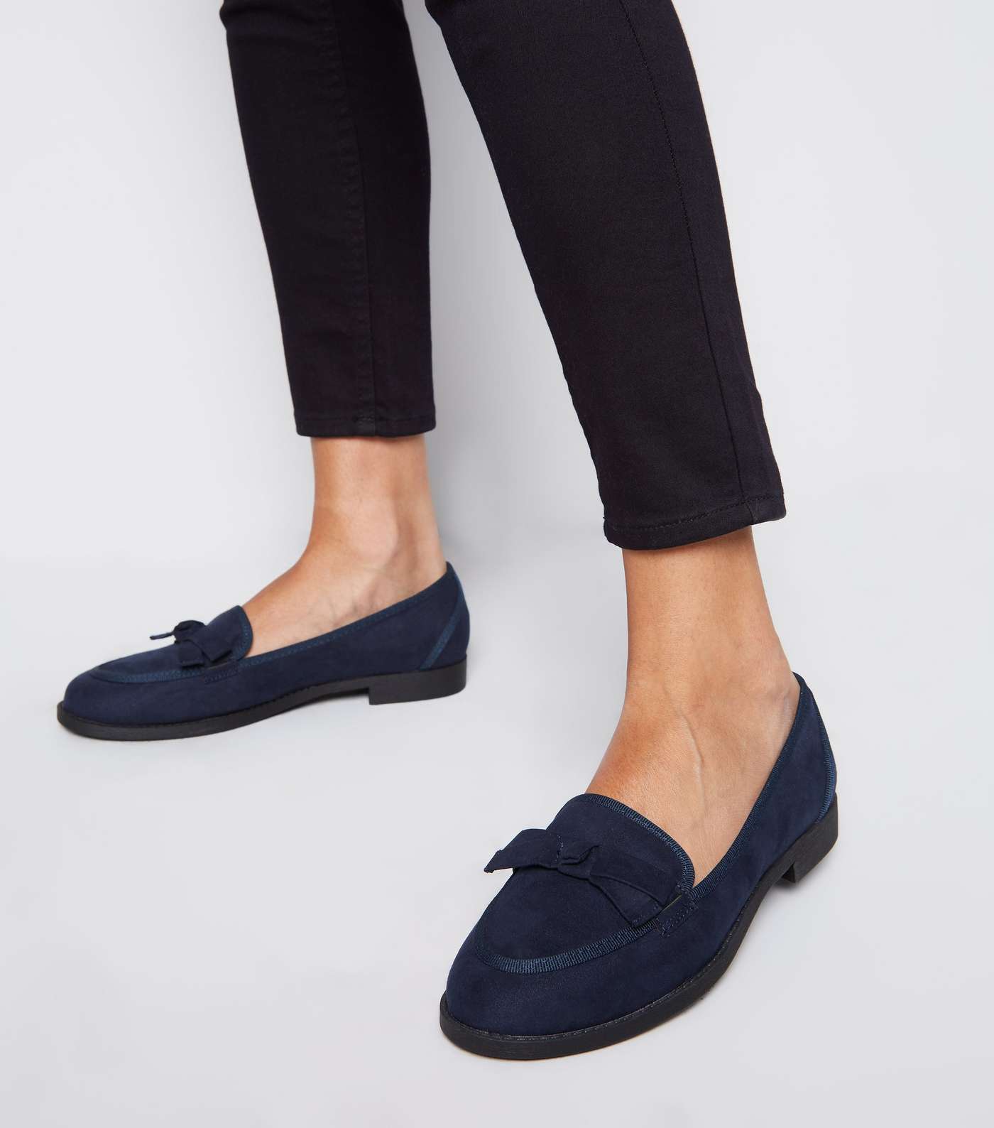 Wide Fit Navy Suedette Bow Front Loafers Image 2