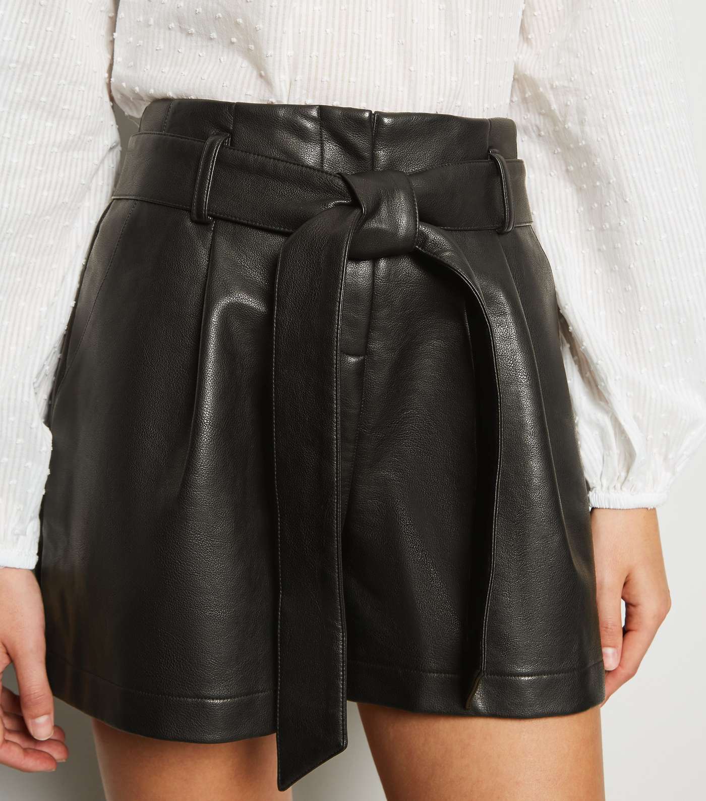 Black Leather-Look High Waist Shorts Image 5