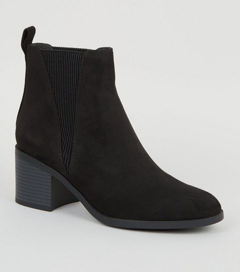 Black Suedette Block Heel Chelsea Boots