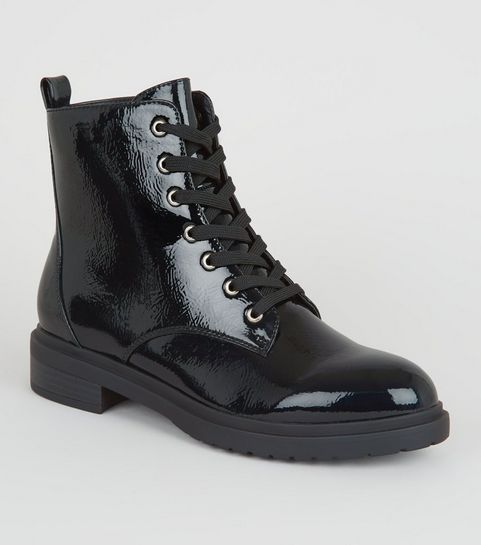Wide Fit Black Patent Lace Up Hiker Boots