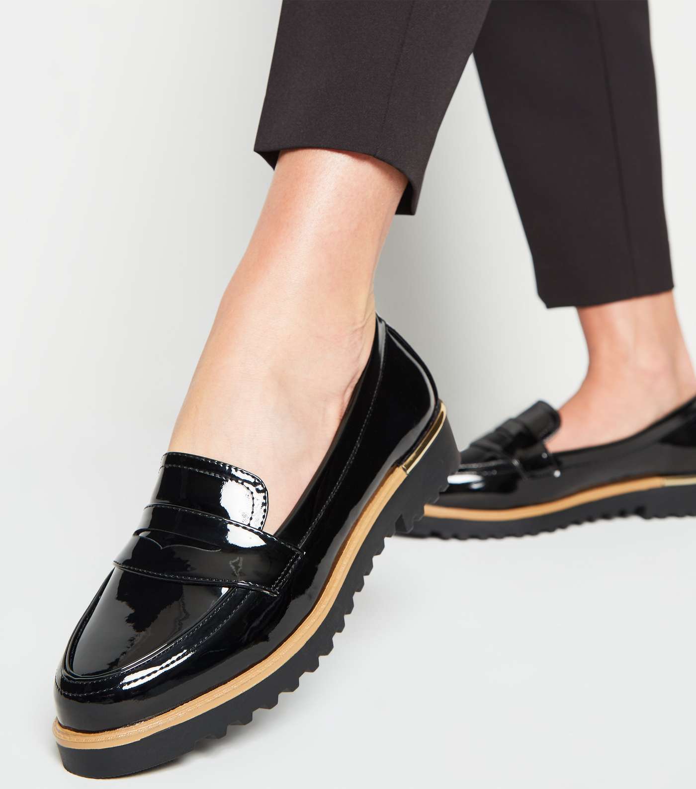 Black Patent Chunky Cleated Sole Loafers Image 2