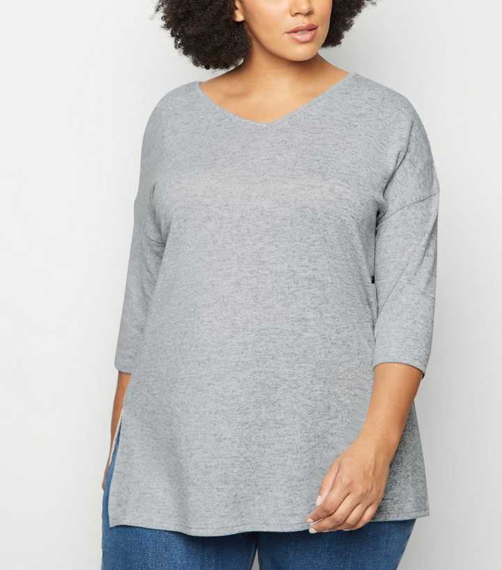 Curves Pale Grey Oversized V Neck Jumper