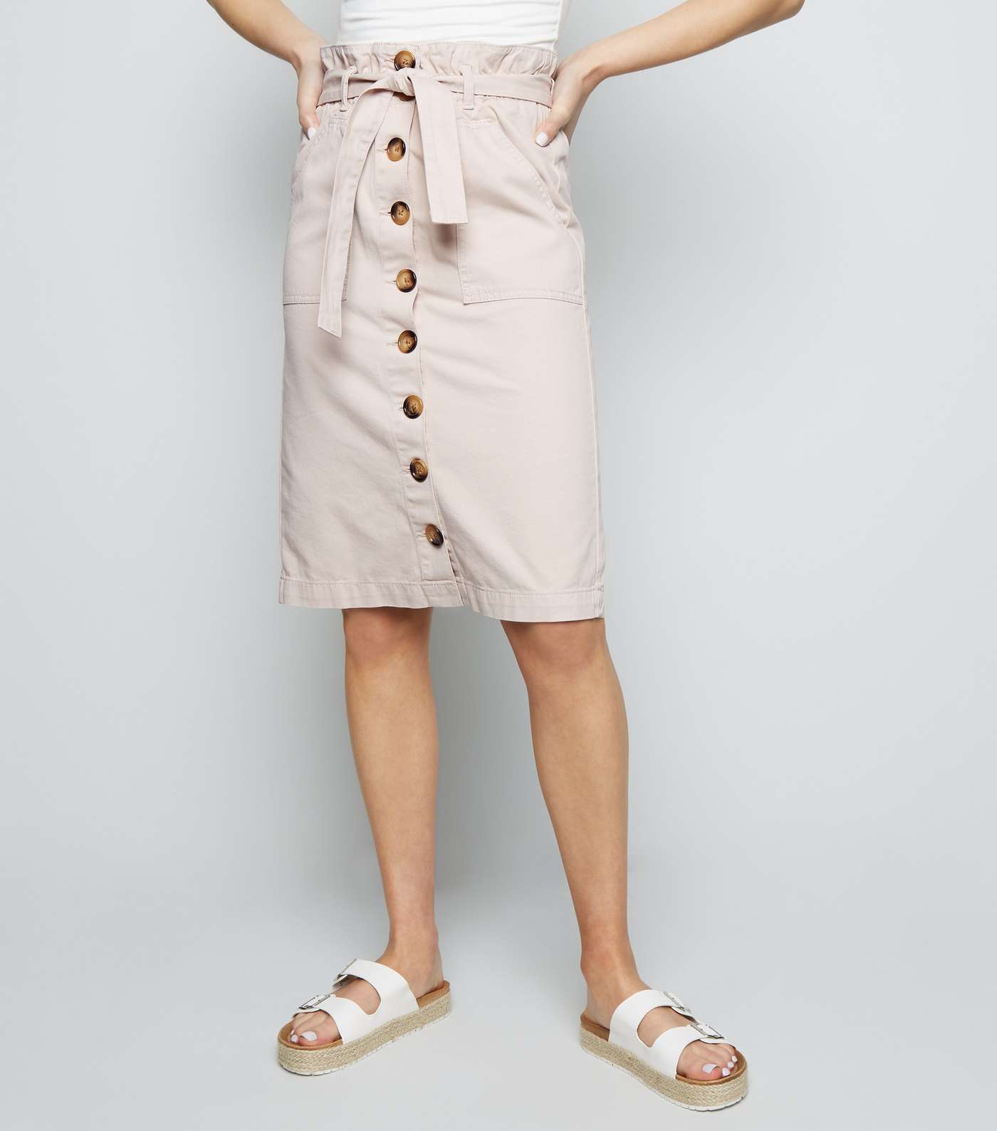 Ecru Button Up High Waist Denim Midi Skirt  Image 2