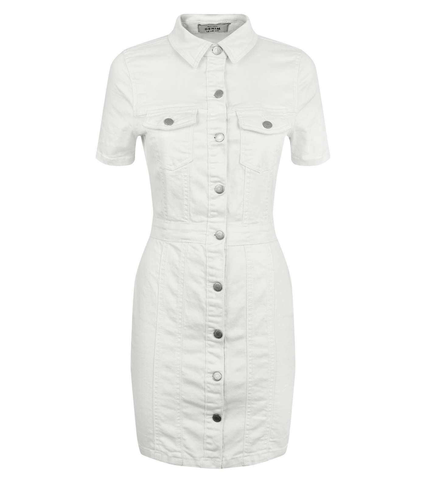 White Button Up Denim Bodycon Dress Image 4