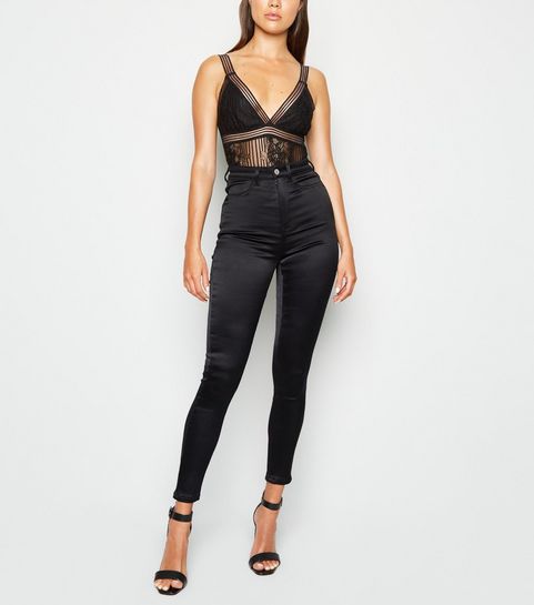 Black High Waist Super Skinny Satin Jeans