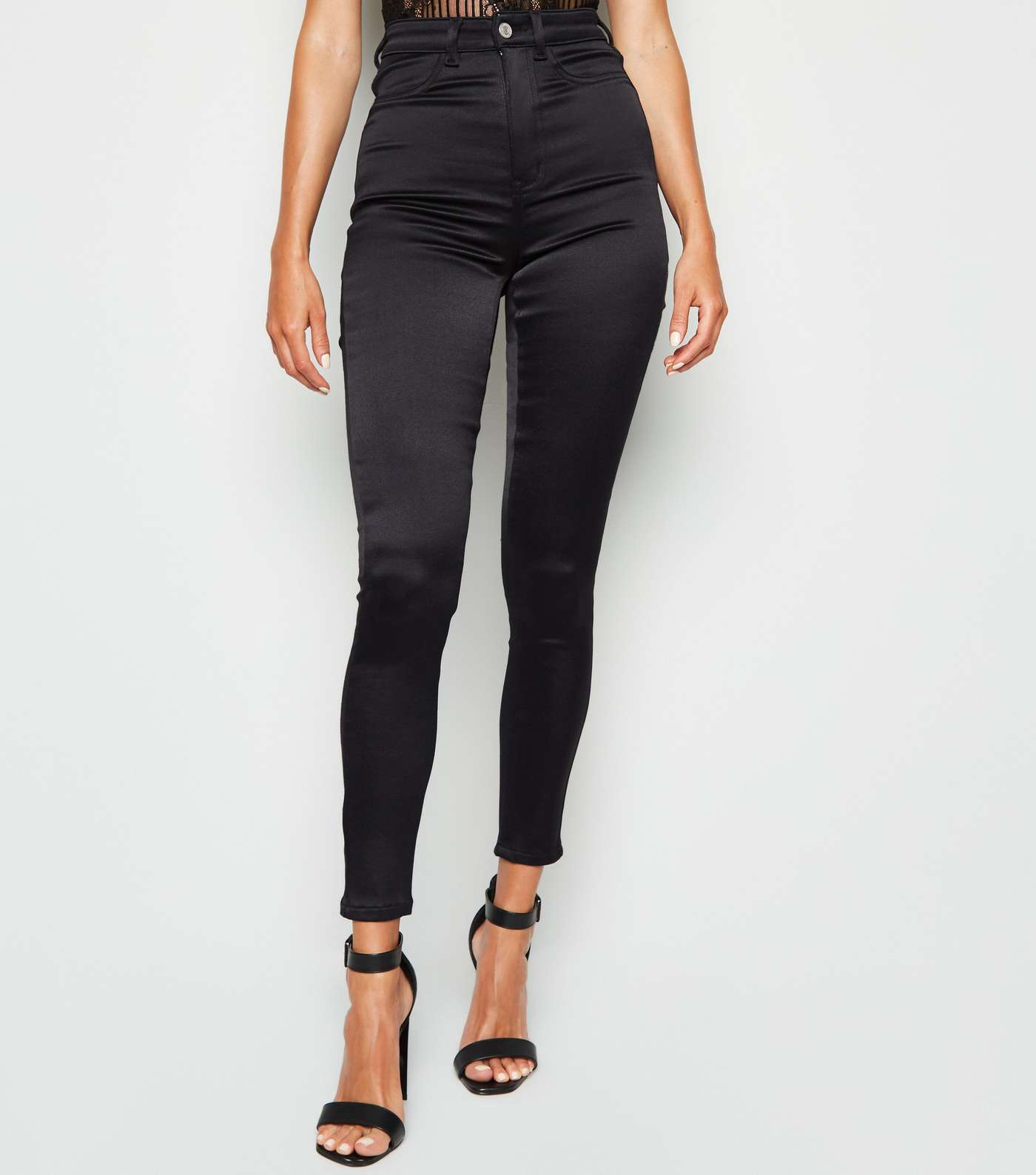 Black Satin High Waist Super Skinny Jeans Image 2