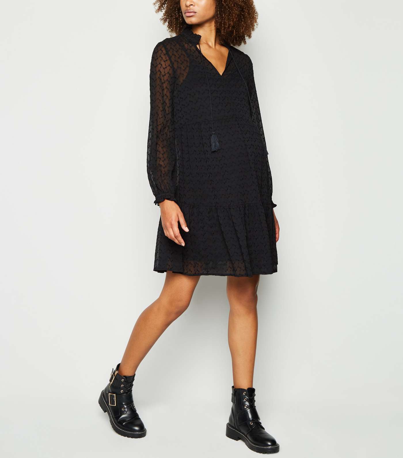 Maternity Black Tiered Embroidered Smock Dress