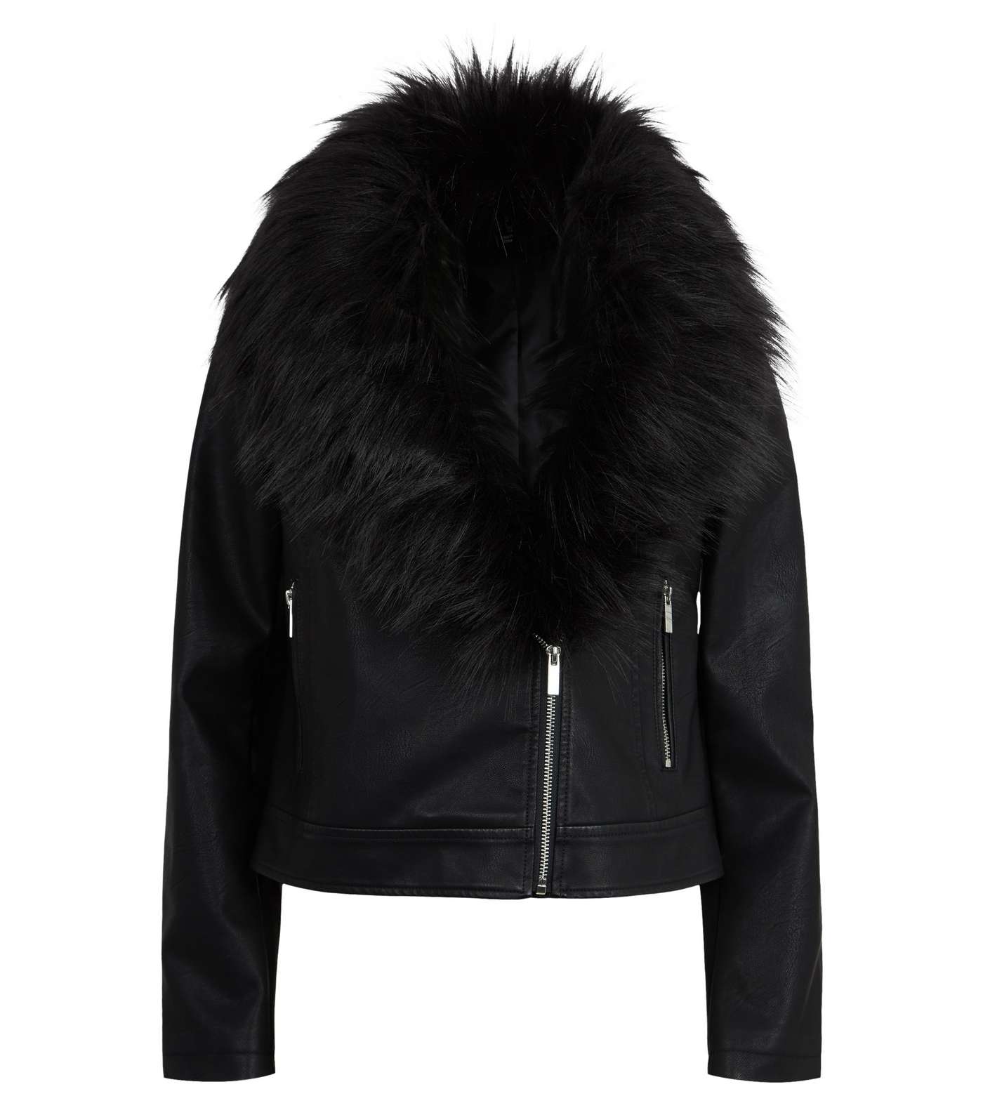 Black Leather-Look Detachable Faux Fur Collar Jacket Image 4