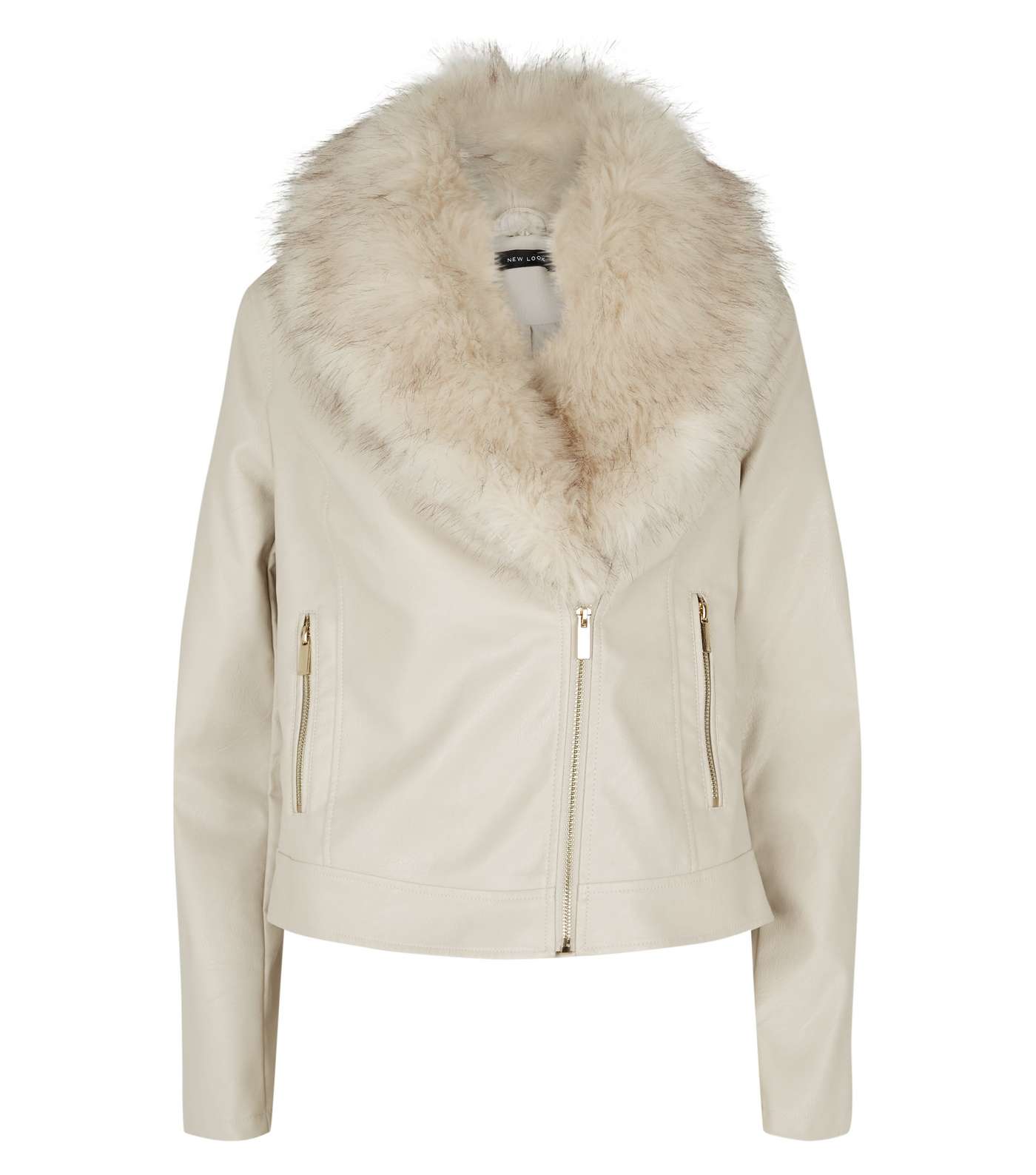 Cream Leather-Look Detachable Faux Fur Collar Jacket Image 4