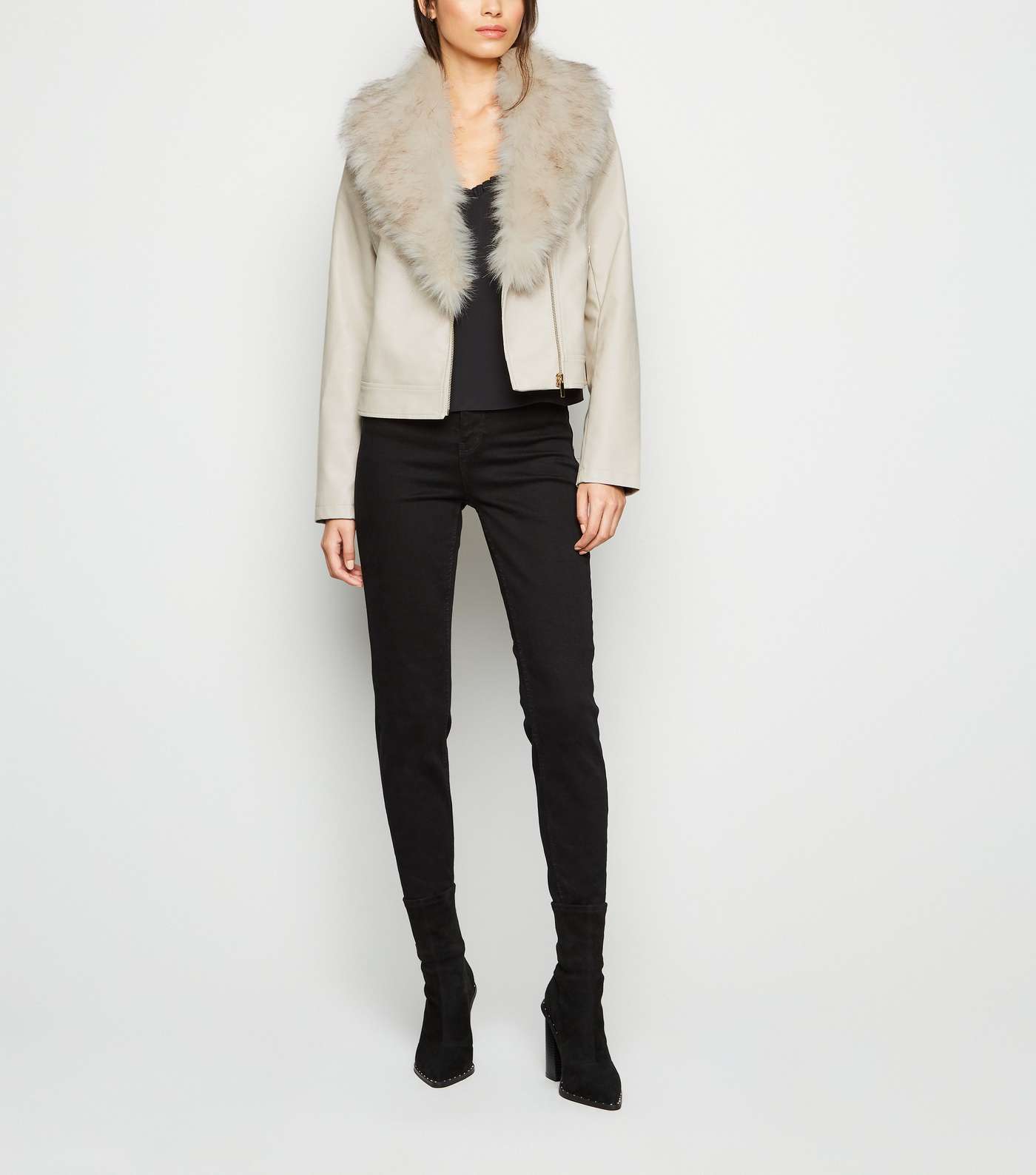 Cream Leather-Look Detachable Faux Fur Collar Jacket Image 2