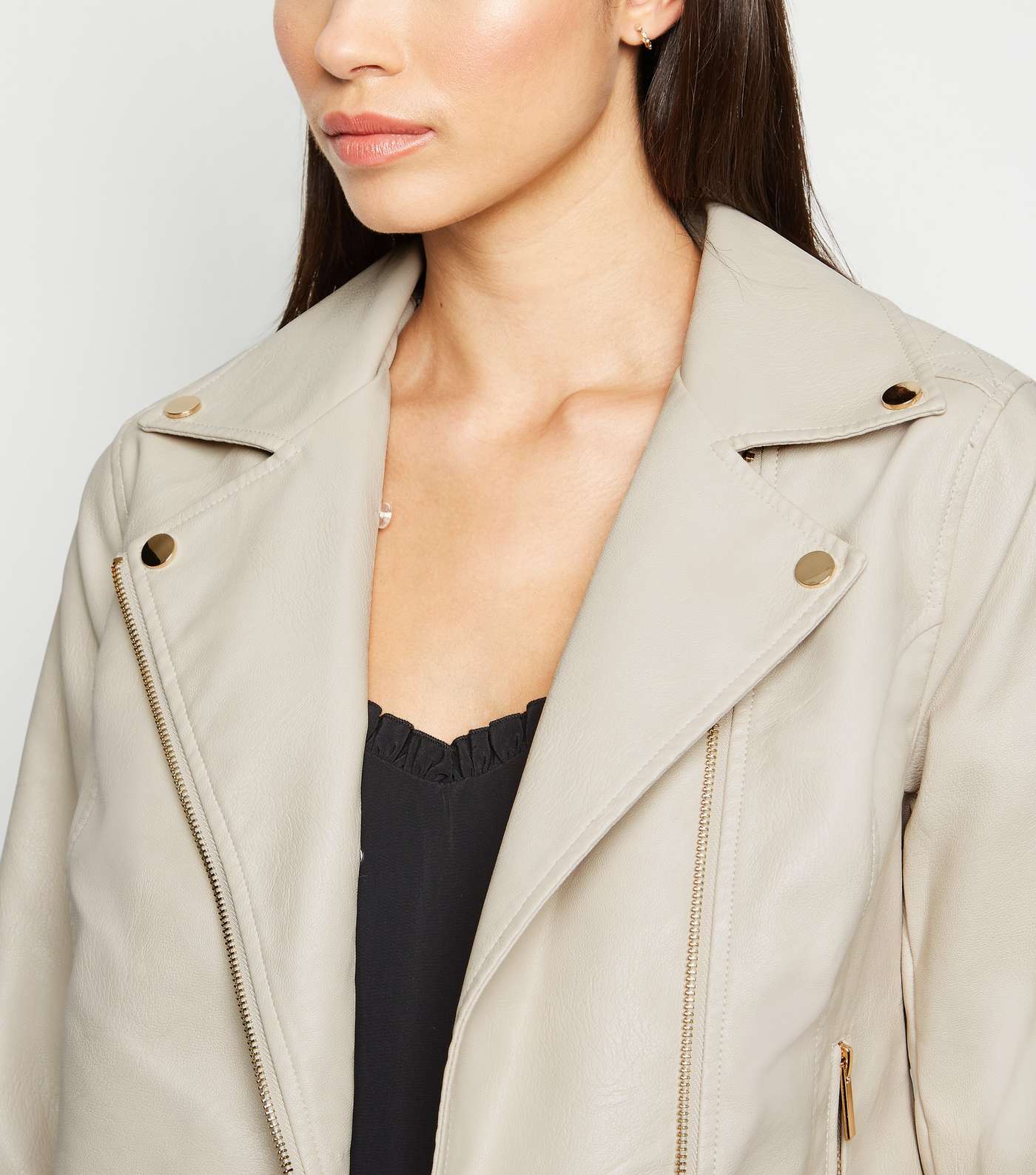 Cream Leather-Look Detachable Faux Fur Collar Jacket Image 6
