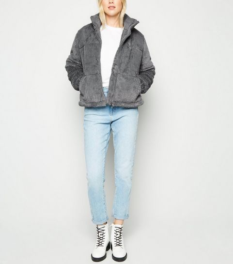 Dark Grey Ribbed Faux Fur Puffer Jacket