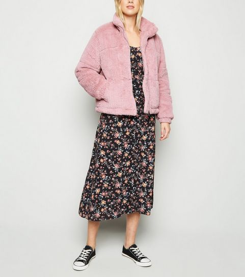 Pink Ribbed Faux Fur Jacket