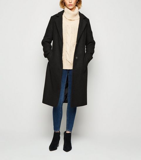Black Belted Longline Brushed Coat