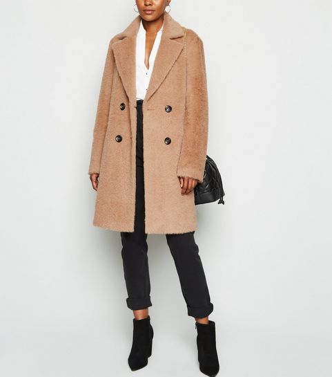 Camel Fluffy Collared Longline Coat