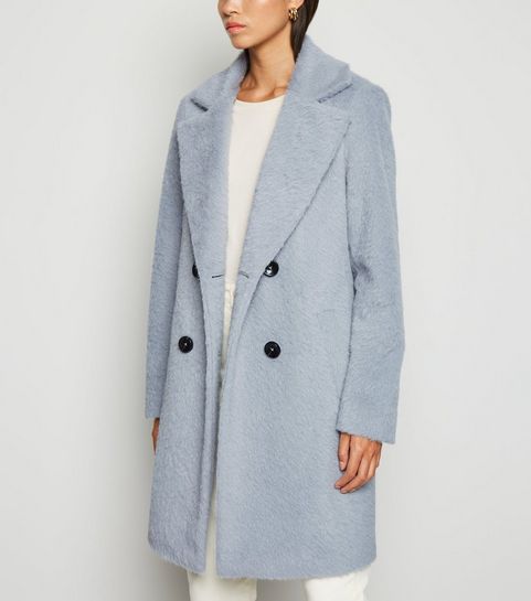 Pale Blue Fluffy Collared Longline Coat