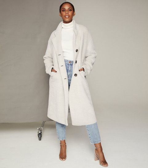 Light Grey Fluffy Houndstooth Double Breasted Coat 