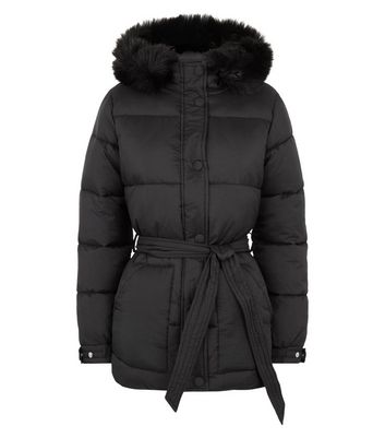 new look black belted puffer jacket