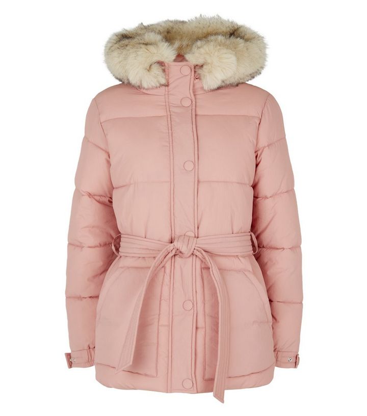 Pale Pink Belted Puffer Jacket | New Look