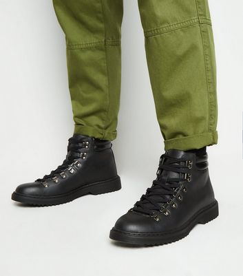 Black Leather-Look Combat Hiker Boots 