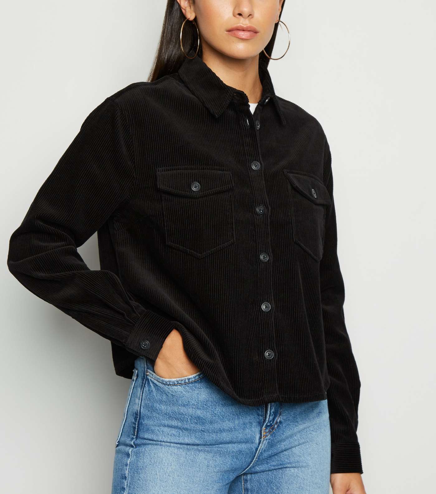 Black Corduroy Patch Pocket Crop Shirt 