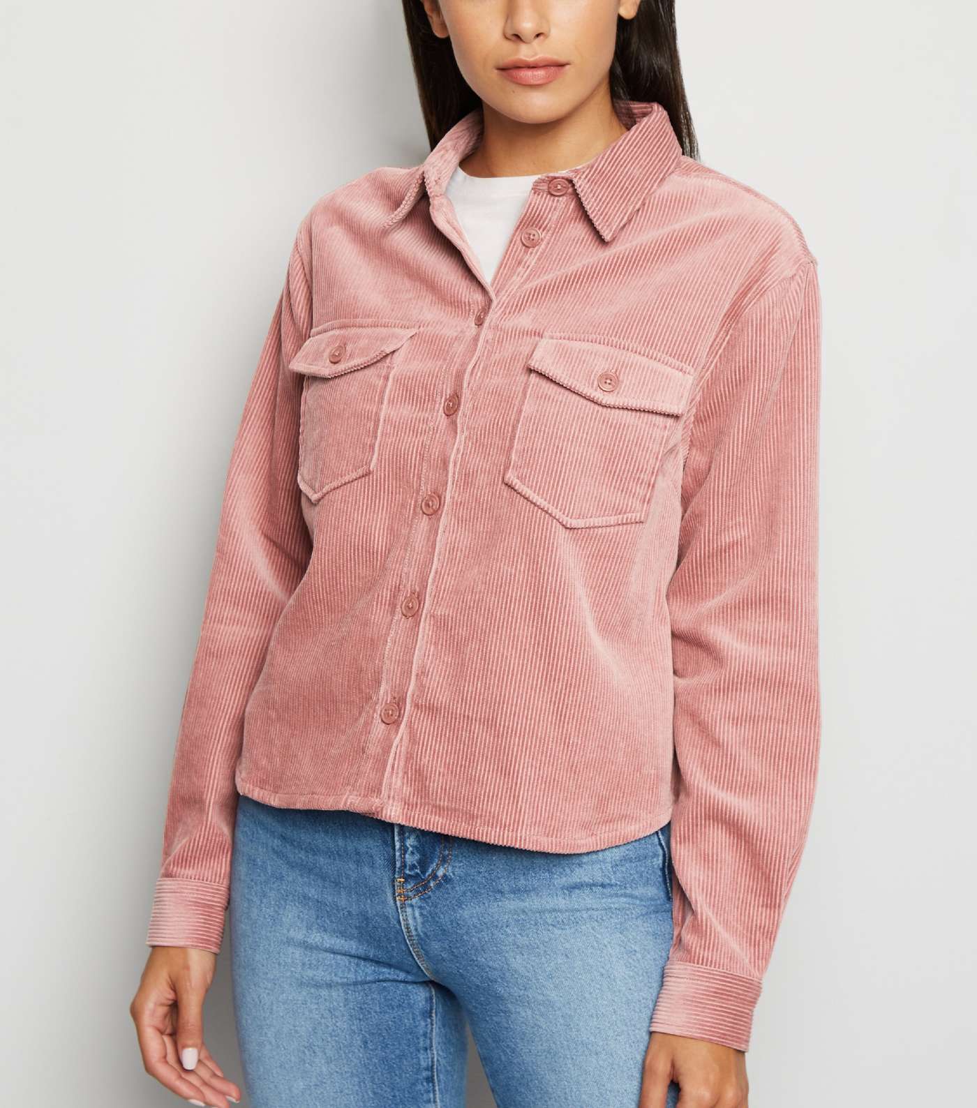Pale Pink Corduroy Patch Pocket Crop Shirt 