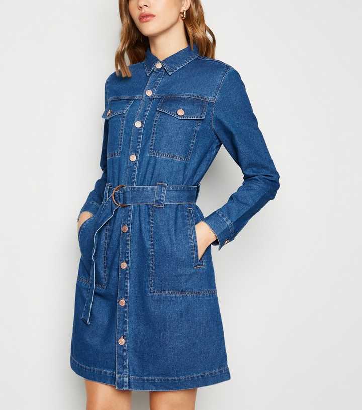 Blue Denim Tie Waist Shirt Dress