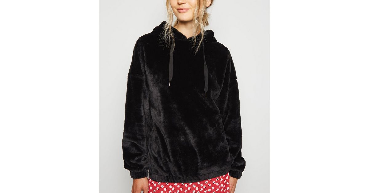 Fur hoodie black Clearance